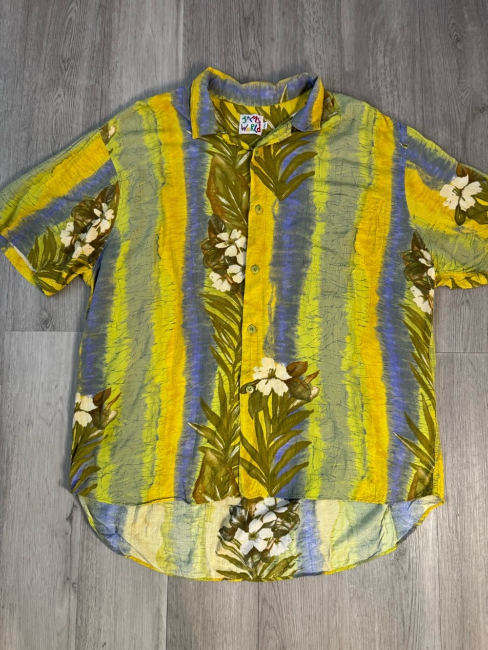 Vintage Jams World Button Green/Yellow/Blue Camp Hawaiian Shirt RARE USA XXL